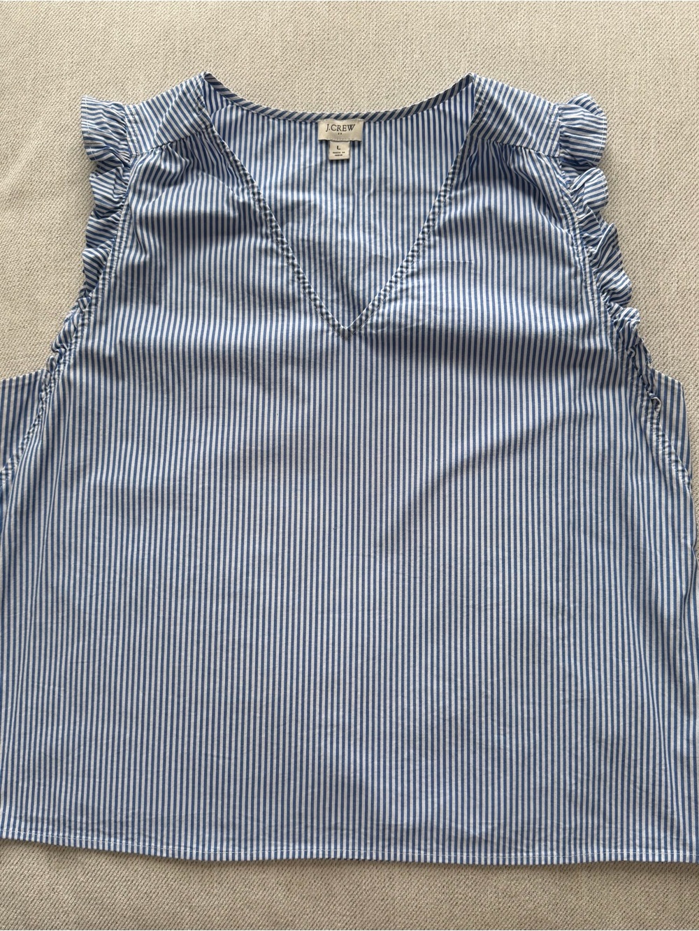 J. Crew Blue and White Striped Ruffle Cap Sleeve V-Neck Tank - Picture 2 of 4